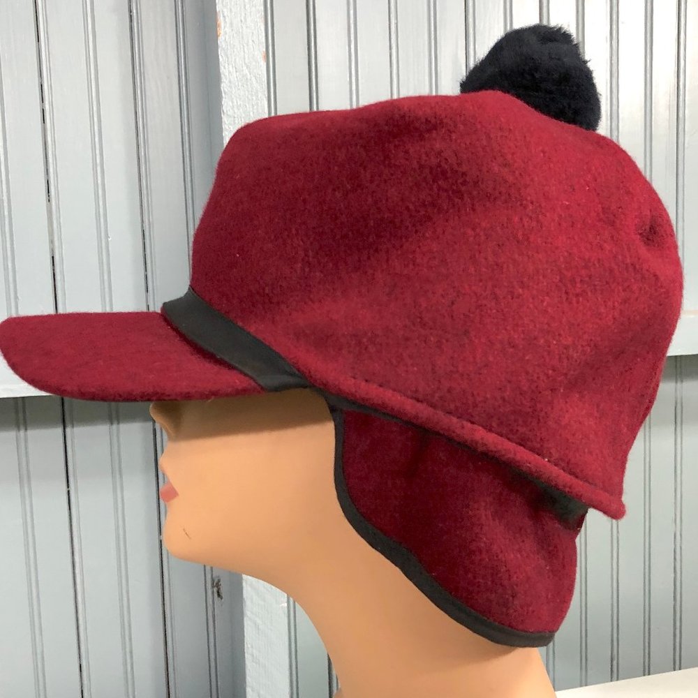 Maroon Pom Size 8 Winter Scotch Hat Langenberg Made USA Ear Flaps